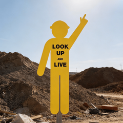 Yellow Cutout Safety Construction Worker (Pointing Up, Look Up and Live) Sign