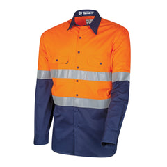 TRu Workwear Core Series Shirt 145gsm L/S 2 Tone Cotton Drill with Horizontal Cooling Vents and Tru HI Vis Ref. Tape in 2 Hoop Pattern