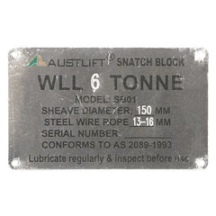 Austlift Data Plate for Snatch Block