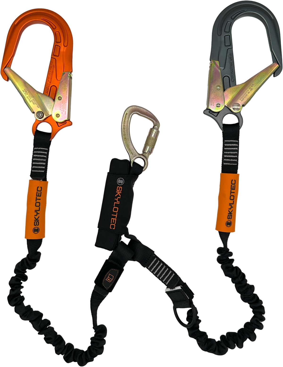 Skylotec SKYSAFE PRO + Elasticated Twin Leg Lanyard - 22mm gate steel t/action karabiner & 65mm gate Alloy & steel scaffold hook. 1.8m