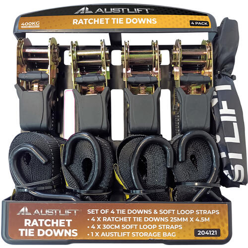 Austlift Ratchet Tie Down Heavy Duty 4 Pack 25mmx4.5M S Hook LC400KG