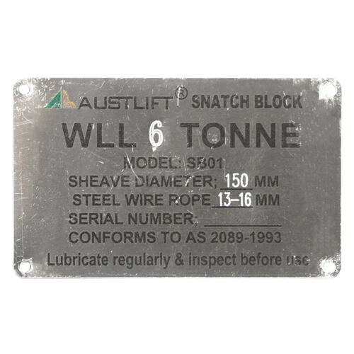 Austlift Data Plate for Snatch Block