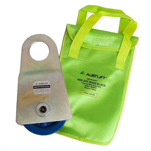 Austlift Off-Road Block c/w Vinyl Bag (4WD Recovery) MBS 8T, Sheave 125mm, wire rope 11mm - 11mm