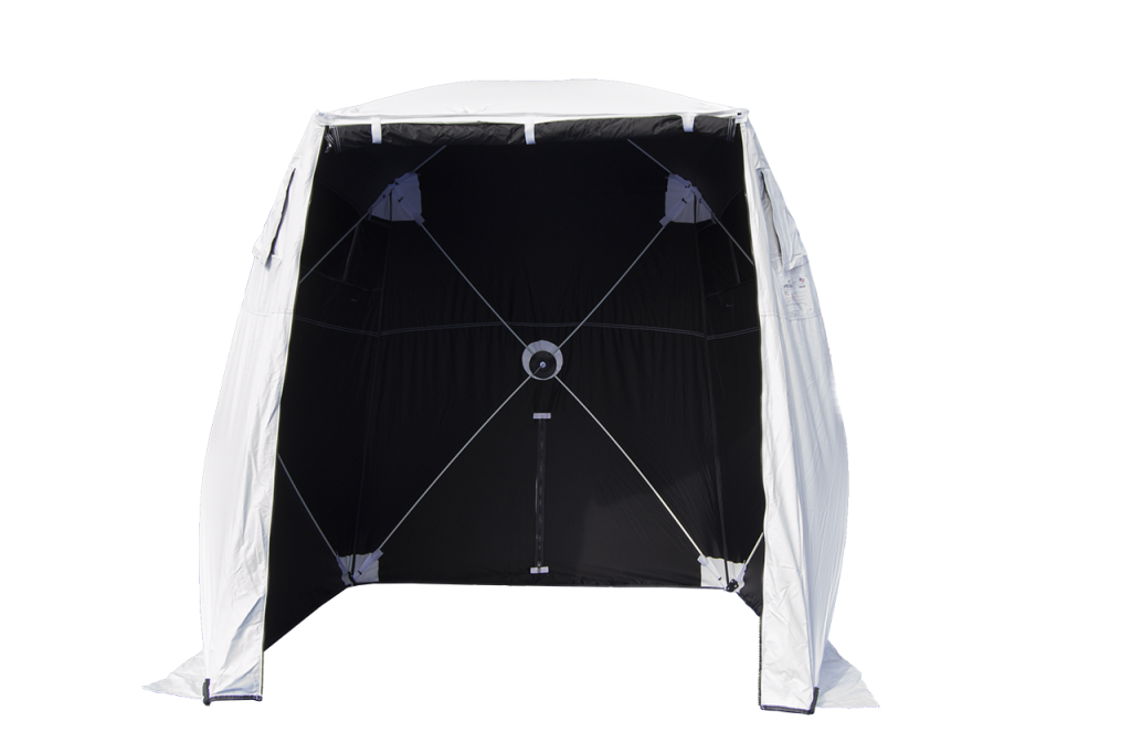 SolarShade Fiber Splicing Tent - white/black rear wall cable slot 6" W x 6" L x 6.5" H with case