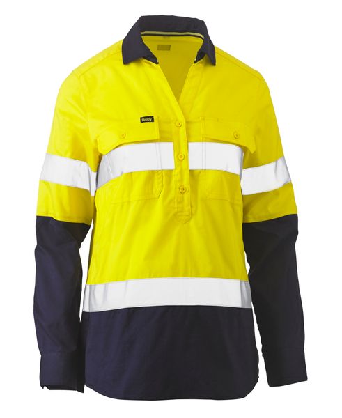 Bisley Womens Taped Hi Vis Stretch V-Neck Closed Front Shirt