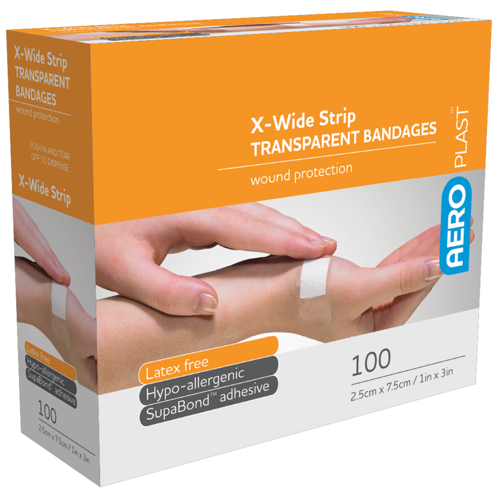 Aero Healthcare AEROPLAST Transparent X-Wide Strip 7.5 x 2.5cm Box/100