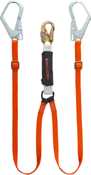 Skylotec BFD Adjustable Twin Leg Sharp Edge Rated 25mm Webbing Lanyard wth 23mm 16kN Gate Steel Double Acton Snap Hook & 2x 59mm 23kN Steel Scaffld Hooks