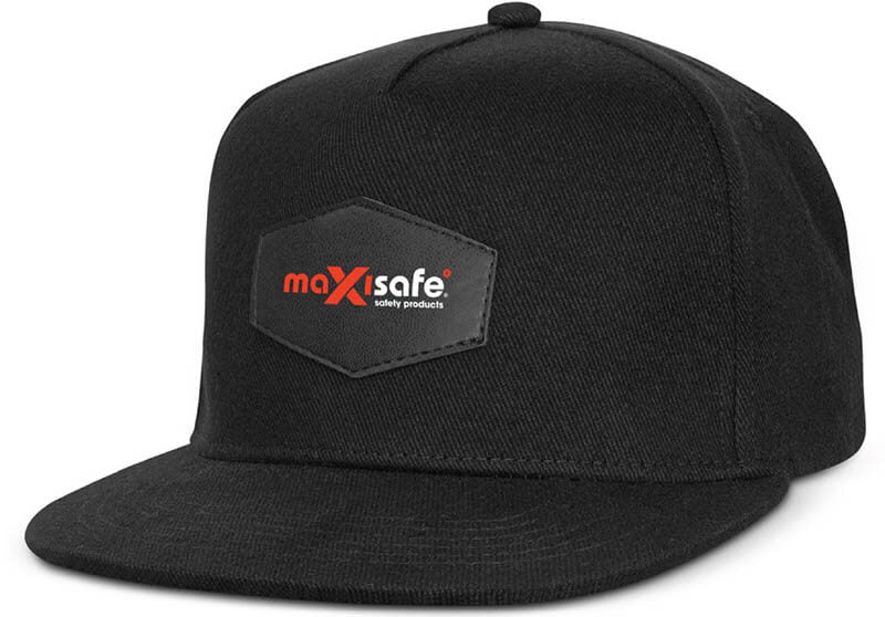Maxisafe Black Cap, Curved Rim, With Embroidered Red And White Maxisafe Logo (7Cm X 1Cm), And Reinforced Front Panels.
