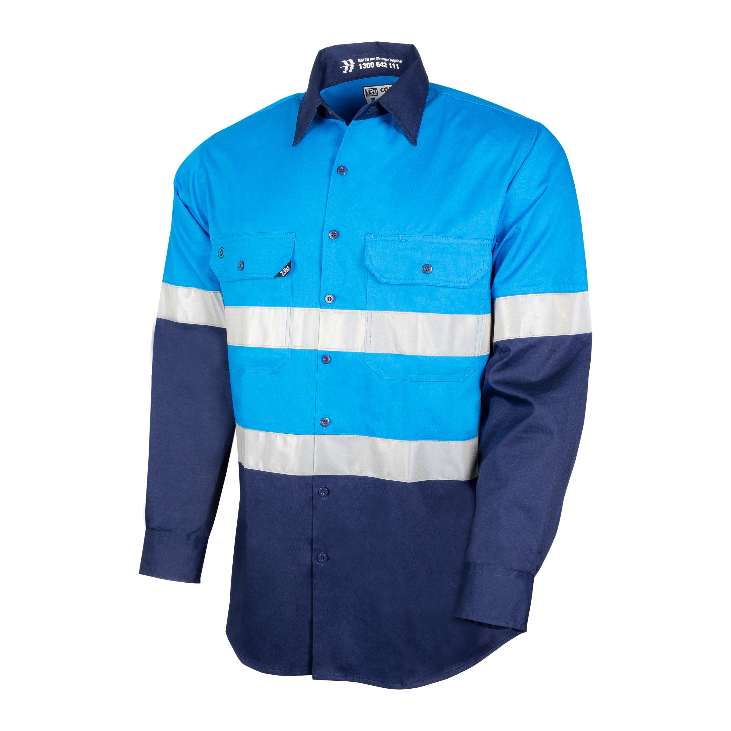 TRu Workwear Core Series Shirt 145gsm L/S 2 Tone Cotton Drill with Horizontal Cooling Vents and Tru HI Vis Ref. Tape in 2 Hoop Pattern