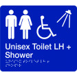 180x210mm - Braille - Blue PVC - Unisex Accessible Toilet and Shower (Left Hand) (BTS011-LH)