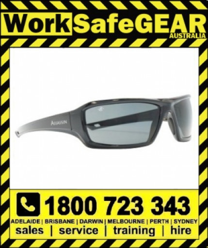 Bandit III Assassin Polarised Safety Glasses Eye Protection Specs Black Frame, Smoke Lens (3823SBPS-Polarised)