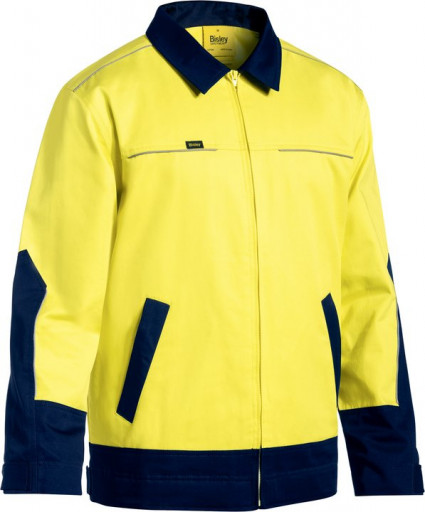 Bisley 2 Tone Hi Vis Liquid Repellent Cotton Drill Jacket Yellow/Navy