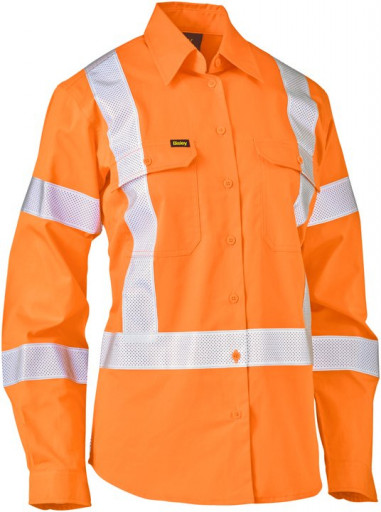 Bisley Womens Taped X Back Lightweight Hi Vis Drill Rail Shirt Rail Orange