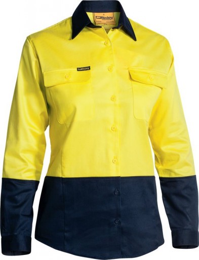 Bisley Womens 2 Tone Hi Vis Drill Long Sleeve Shirt Yellow/Navy
