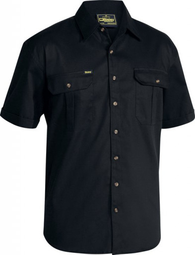 Black Bisley Mens Cotton Drill Shirt Short Sleeve (BS1433-BBLK)