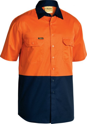 Bisley 2 Tone Cool Lightweight Drill Short Sleeve Shirt Orange/Navy