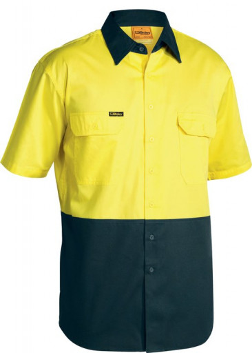 Bisley 2 Tone Cool Lightweight Drill Short Sleeve Shirt Yellow/Bottle (BS1895-TT03) S