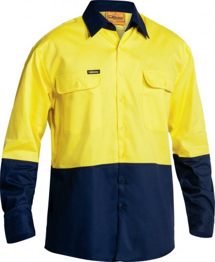 Bisley 2 Tone Hi Vis Drill Long Sleeve Shirt Yellow/Navy