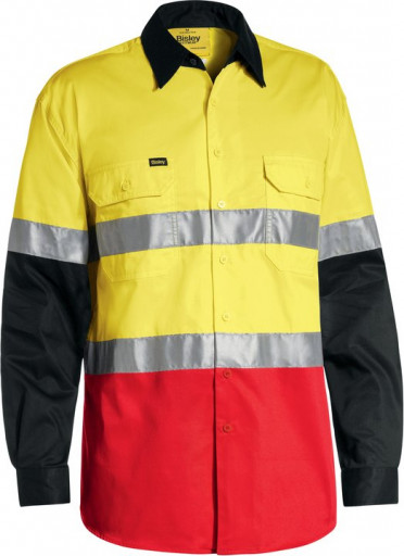 Bisley 3M Taped Hi Vis Cool Lightweight 3 Tone Long Sleeve Shirt Yellow/Black/Red