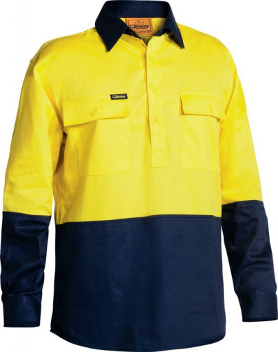 Bisley 2 Tone Closed Front Hi Vis Drill Long Sleeve Shirt Yellow/Navy