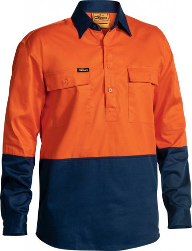 Bisley 2 Tone Closed Front Hi Vis Drill Long Sleeve Shirt Orange/Navy