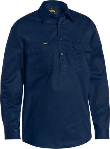 Bisley Closed Front Cotton Lightweight Drill Long Sleeve Shirt Navy