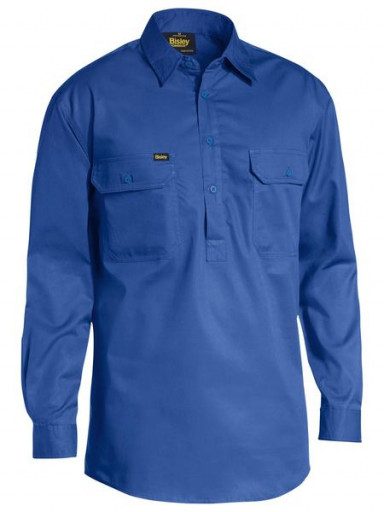 Bisley Closed Front Cotton Lightweight Drill Long Sleeve Shirt Royal