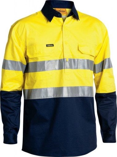 Bisley 2 Tone Hi Vis Cool Lightweight Closed Front Long Sleeve Shirt 3M Reflective Tape Yellow/Navy