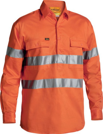Bisley Hi Vis 3M Reflective Taped Closed Front Mens Drill Long Sleeve Shirt Orange
