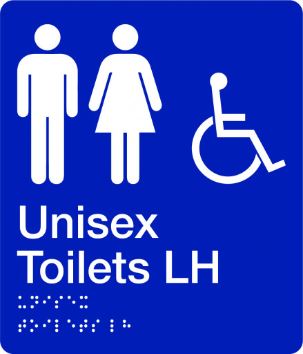 180x210mm - Braille - Blue PVC - Unisex Accessible Toilets (Left Hand) (BTS009-LH)