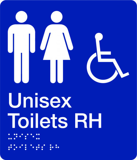 180x210mm - Braille - Blue PVC - Unisex Accessible Toilets (Right Hand) (BTS009-RH)