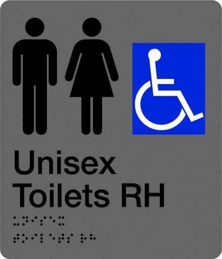 180x210mm - Braille - Silver PVC - Unisex Accessible Toilets (Right Hand) (BTS009B-RH)