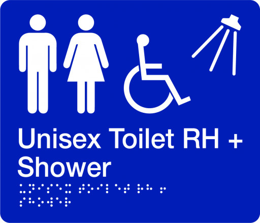 180x210mm - Braille - Blue PVC - Unisex Accessible Toilet and Shower (Right Hand) (BTS011-RH)
