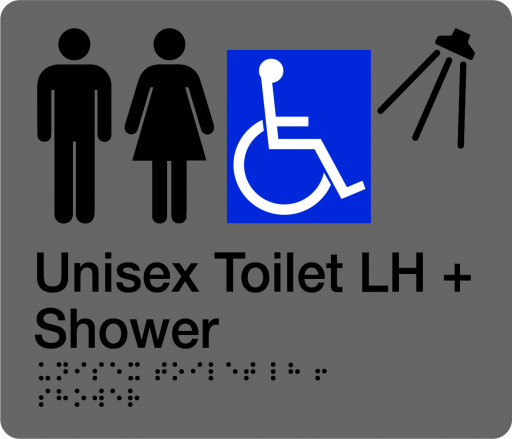 180x210mm - Braille - Silver PVC - Unisex Accessible Toilet and Shower (Left Hand) (BTS011B-LH)