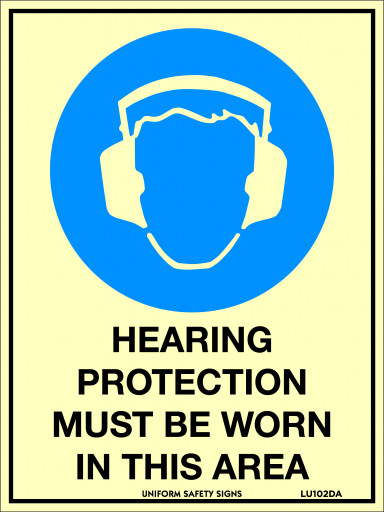 180x240mm - Self Adhesive - Luminous - Hearing Protection Must Be Worn In This Area (LU102DA)
