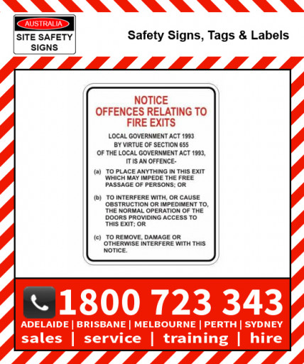 NOTICE OFFENCES RELATING TO FIRE EXITS 225x300mm Metal / Poly / Self Stick Vinyl