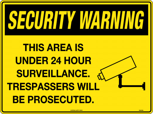 600x450mm - Metal - Security Warning This Area is under 24 Hour Surveillance.  Trespassers will be Prosecuted. (SW016LM)