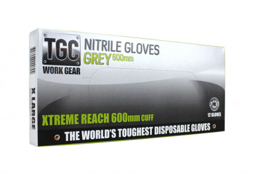TGC (Box of 12) Grey 600mm Long Cuffs Nitrile Disposable Gloves 2XL