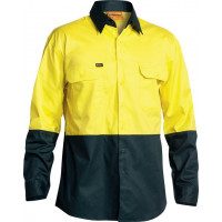 Bisley Yellow/Bottle 2 Tone Hi Vis Cool Lightweight Drill Shirt Long Sleeve (BS6895)
